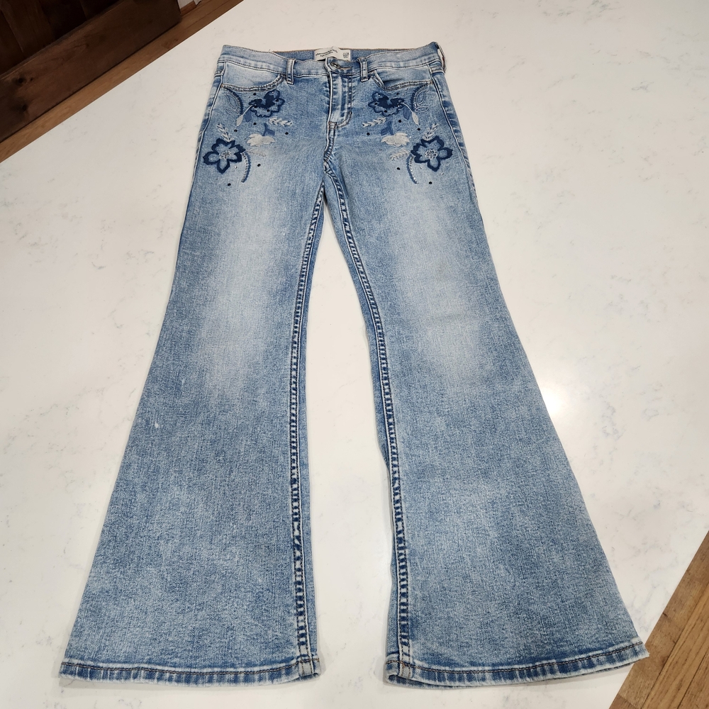 Abercrombie Kids Light Blue Floral Embroidered Flare Jeans